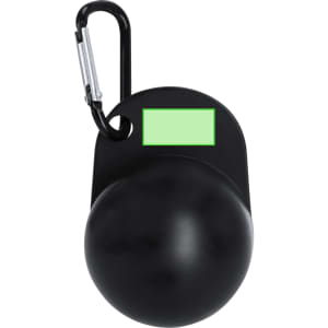 A black keyring with a rounded design and a carabiner attachment, featuring a small area for a label.
