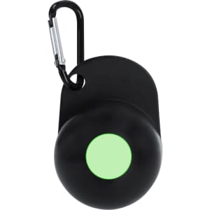 A black keyring with a green circular accent and a silver carabiner clip attached.