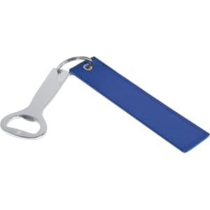 A drink bottle opener keyring with a shiny silver opener and a blue fabric strap. Includes a metal ring for attachment.