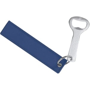 A drink bottle opener keyring featuring a silver metal opener and a blue fabric strap, with a logo present.