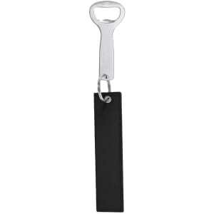 A drink bottle opener keyring featuring a silver opener and a black strap. It includes a logo.