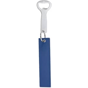 A drink bottle opener keyring with a silver opener and a blue fabric tag, featuring a keyring attachment.