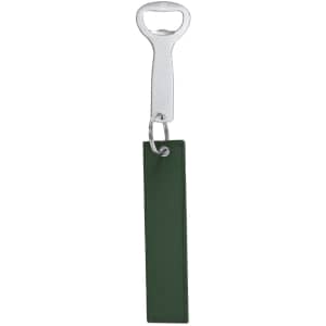 A drink bottle opener keyring featuring a silver opener and a dark green fabric strap. Includes a keyring attachment.