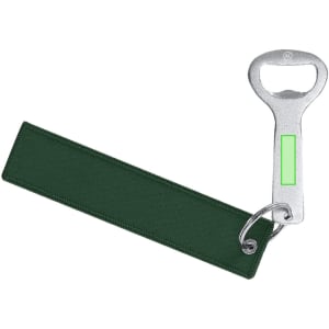 A drink bottle opener keyring in silver with a green fabric tag, featuring a keyring attachment.