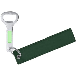 A green bottle opener keyring with a silver metal opener and a green fabric tag, featuring a logo.