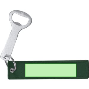 A drink bottle opener keyring featuring a silver opener and a green fabric tag with a branding logo.