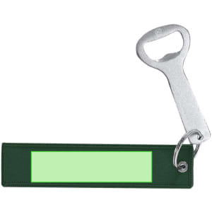 A drink bottle opener keyring in silver and green fabric, featuring a keyring attachment and a logo.