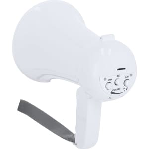 A white megaphone with a handle, featuring controls for volume, recording, and playback.