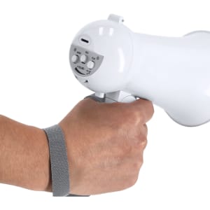 A white megaphone with a hand gripping the handle, featuring buttons for controls and a wrist strap.