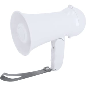 A white megaphone with a handheld grip and a strap. It has a smooth, rounded speaker opening.