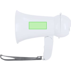 A white megaphone with a grey strap and a blank area for branding or text.
