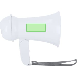 A white megaphone with a grey handle and strap, featuring a blank area for branding.