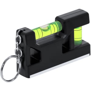 A black keyring with a built-in green bubble level. Compact design with a keychain attachment.