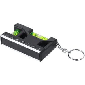 A black keyring bubble level with two spirit levels and a ruler. It features a metal keyring attachment.