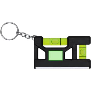 A black and green keyring featuring a bubble level with three vials for measuring alignment.