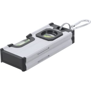 A silver and black bubble level with a keyring attachment and two spirit levels.