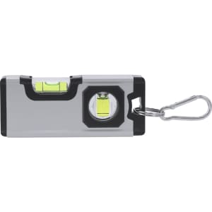 A grey and black bubble level keyring tool with a keychain attachment and two spirit levels.