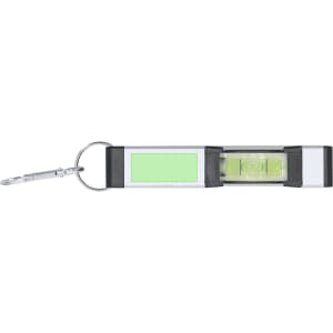 A black and green keyring bubble level with a metal clip for attachment and a small bubble vial for measuring.