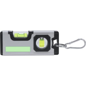 A grey and black Woton Bubble Level keyring tool featuring two bubble levels and a clip for easy attachment.
