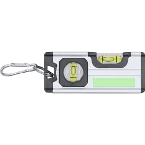 A silver and black keyring bubble level featuring two vials for measuring. It includes a clip for easy attachment.