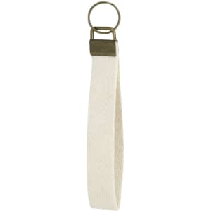 A cream-coloured keyring with a metal ring and a looped fabric strap. It features a branding logo.