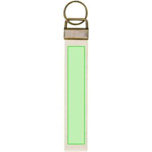 A green Kendra keyring with a metal ring and a white strap design, featuring a logo.