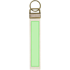 A keyring featuring a green strap with a metal clasp at the top and a logo on the clasp.