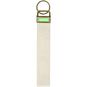 A keyring with a beige strap and a metal ring, featuring a green section near the top.