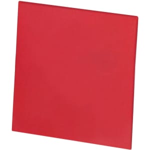 A red square condom packet with a smooth surface, featuring a logo on its front.