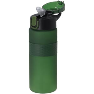A drink bottle in green with a black cap and a flip-top lid, featuring a textured central band and a logo.