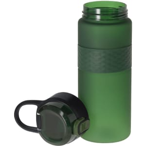 A drink bottle in dark green with a textured grip band and a removable black lid features.