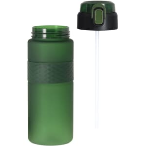 A drink bottle in green with a textured band and a black cap, featuring a straw attachment.