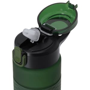 A drink bottle in green with a black lid, featuring a flip-top cap and a built-in straw.