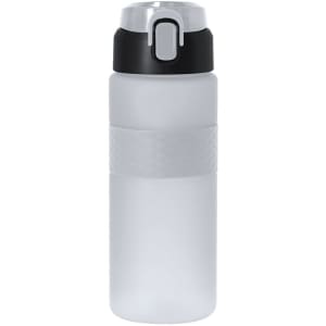 A drink bottle in frosted clear plastic with a black and grey lid and textured grip band. Features a logo.