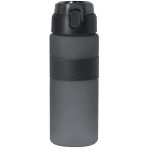 A drink bottle in grey with a textured black band and a push-button lid, featuring a logo.