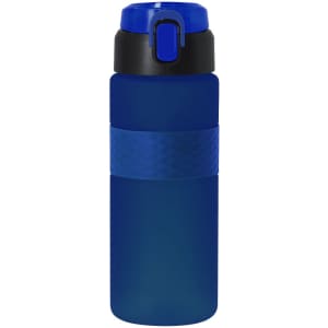 A drink bottle in blue with a textured black lid and a blue band around the centre, featuring a logo.