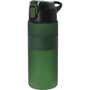 A drink bottle in a two-tone green design, featuring a textured middle band and a flip-top lid. It has a logo.