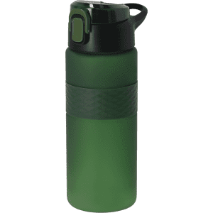 A drink bottle in a colourful green design with a textured band and a black lid featuring a logo.