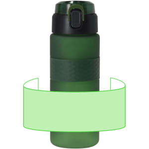 A drink bottle in a dark green hue with a textured black band and a lid featuring a locking mechanism.