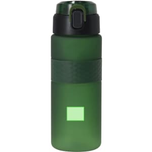 A drink bottle in green with a textured black band and a secure lid. It features a logo on the side.