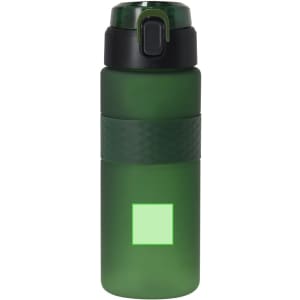 A green drink bottle with a textured band and a black lid, featuring a logo on the front.