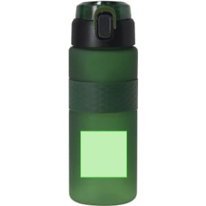 A drink bottle in green with a textured black band and a secure lid. It features a branding logo.