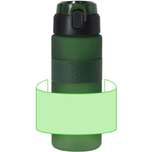 A drink bottle in a solid green colour with a textured band and a black lid, featuring a logo.