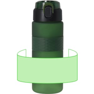A drink bottle in dark green with a textured band and a black lid. It features a logo on the surface.