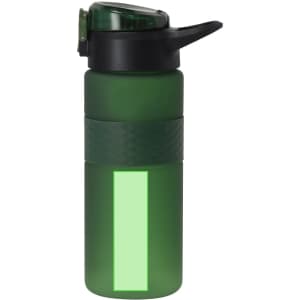A drink bottle in green, featuring a textured band and a flip-top cap, with a logo on the side.