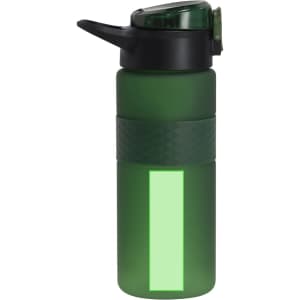 A drink bottle in green with a textured band and a flip-up spout, featuring a logo on the side.