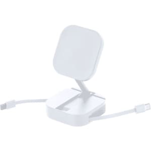 A white charging cable holder with a sleek design, featuring a stand and two connected cables.