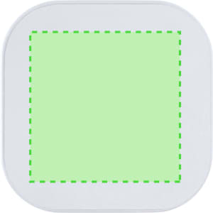 A white, square item with a bright green dashed outline, featuring a blank centre. The item has a smooth surface.