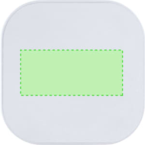 A round, white charging cable holder with a green accent area for branding or design.