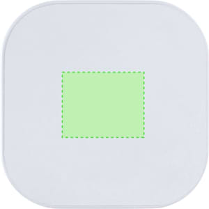 A white charging cable holder featuring a square green section in the centre. The holder has rounded edges and a logo.